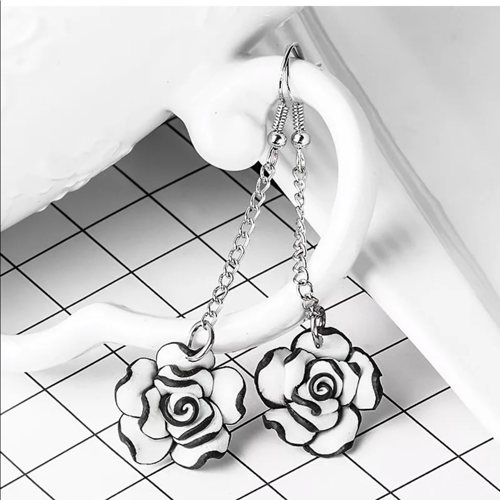 White and Black Rose Dangle Earrings